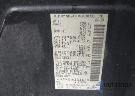 2019 Nissan Murano S/Sl/Sv/Platinum from USA, damaged, VIN 5N1AZ2MS3KN131670